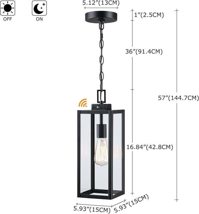 Faymart lighting إضاءة معلقة خارجية 17 بوصة من الغسق إلى الفجر، ضوء معلق حساس لمدخل الشرفة، فوانيس معدنية وزجاجية مع جهاز استشعار للضوء الخارجي، للإضاءة عند الباب الأمامي، E26 - Image 2